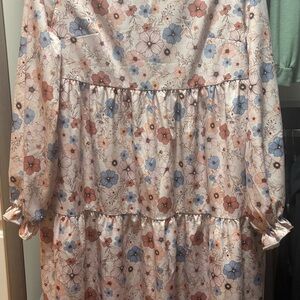 Floral Tiered Long Sleeve Dress - Pink & Blue